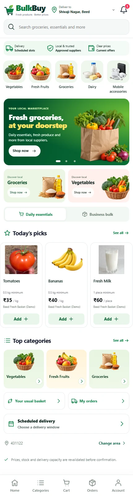 BulkBuy grocery customer interface showing categories and products with fictional demo data